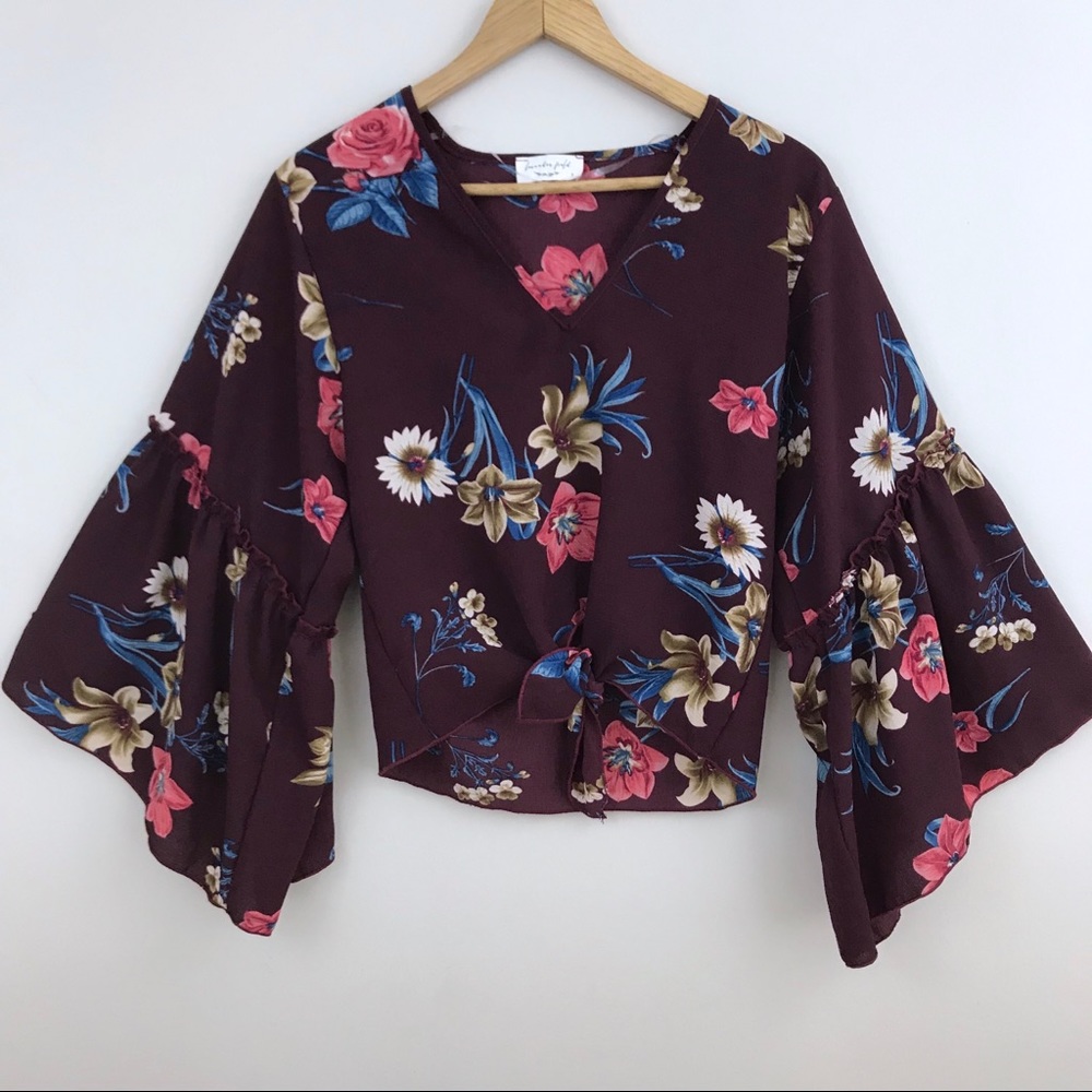 Lavender Field floral bell sleeve tie blouse